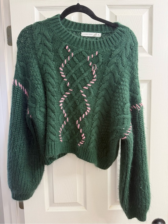 Altar'd State Sweaters - Altar'd State Dark Green Cable Knit Sweater with Pink Trim
